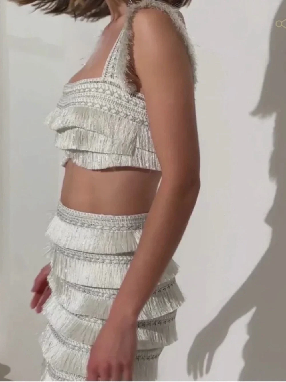 Patbo Fringe Tiered Mini Skirt - White/Silver Size 2